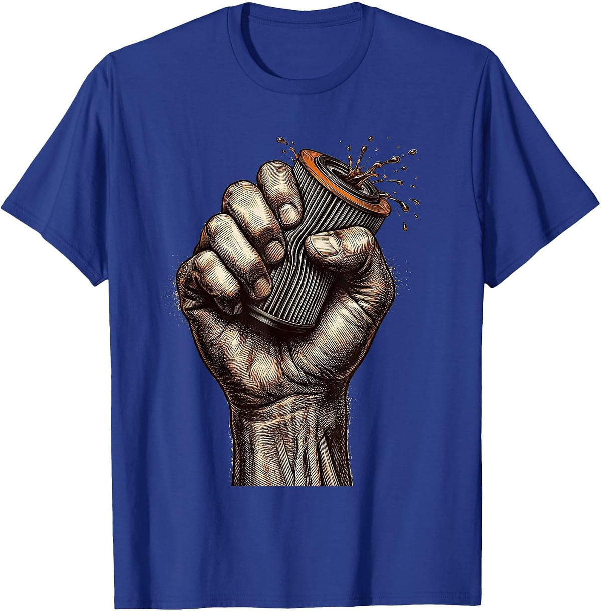 Crushed Oil Filter Iron Grip Mechanic Graphic T-Shirt - Royal Blue