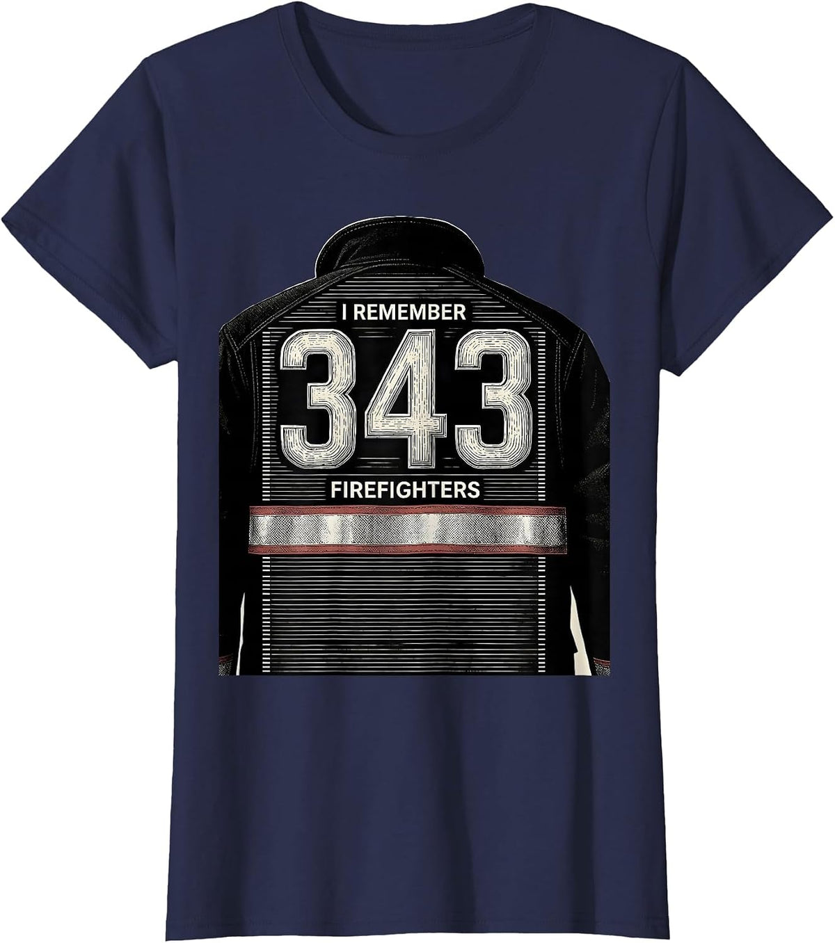 Women's I Remember 343 Firefighters Patriotic Tribute Memorial T-Shirt - Navy Blue