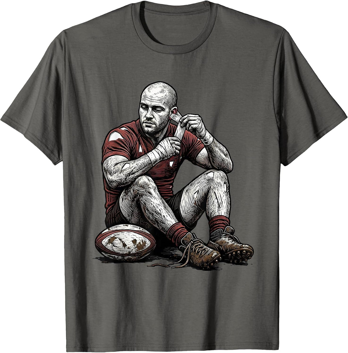 Men's Rugby Cauliflower Ear Woodcut Engraving Humor T-Shirt - Asphalt Grey