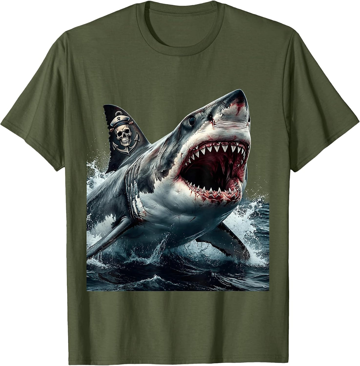 Shark With Anchor Tattoo Dorsal Fin Art T-Shirt - Olive Green