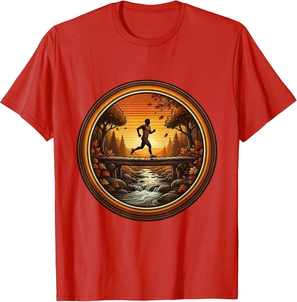 Men's Cozy Jogger Wooden Bridge Creek Fall Athleisure T-Shirt - Red
