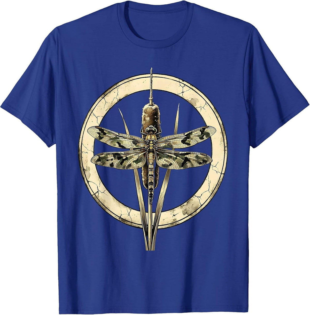 Men's Camo Dragonfly on Cattail Reed Nature Design T-Shirt - Royal Blue