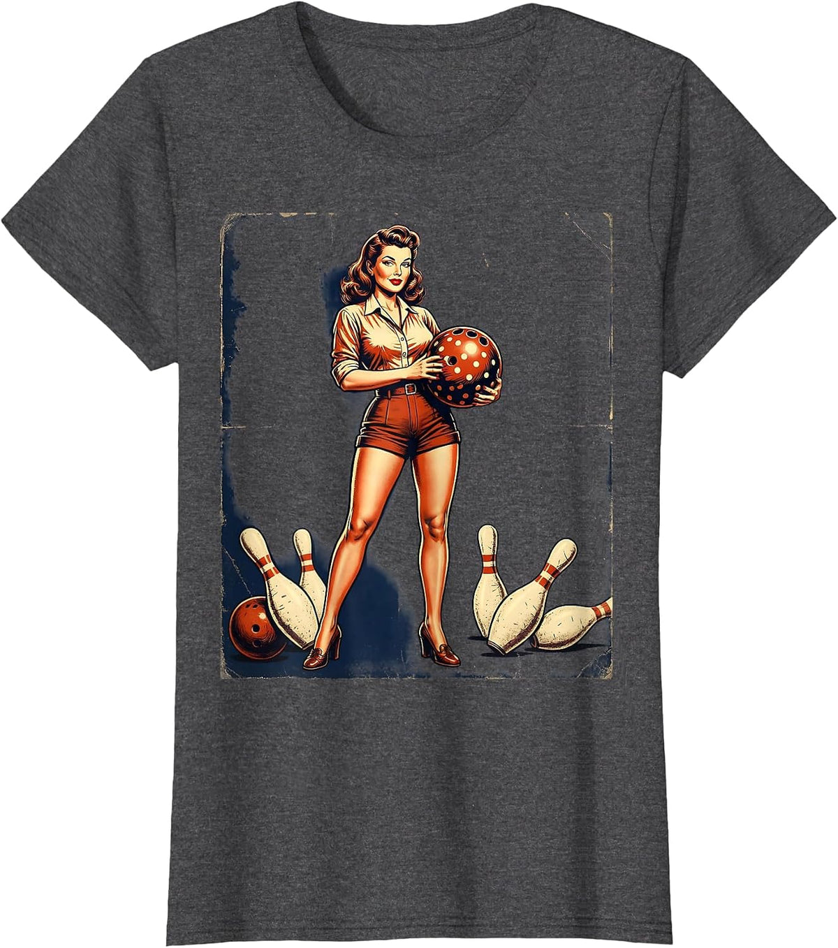 Women's Vintage Pin-Up Bowling Illustration Graphic Tee T-Shirt - Dark Heather Grey