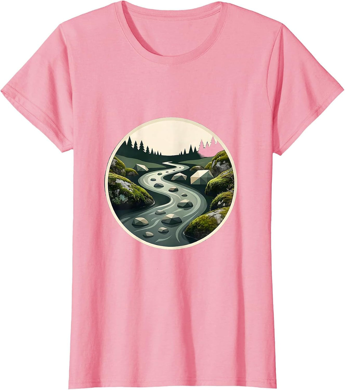 Women's Creek Winding Through Mossy River Stones T-Shirt - Pink