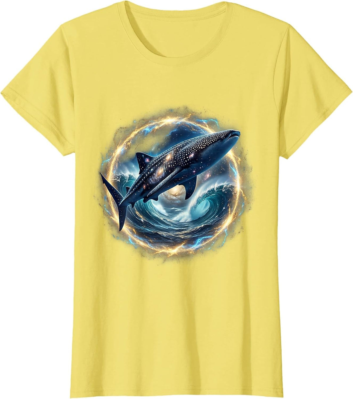 Whale Shark Silhouette Circular Ocean Wave Graphic T-Shirt - Lemon Yellow