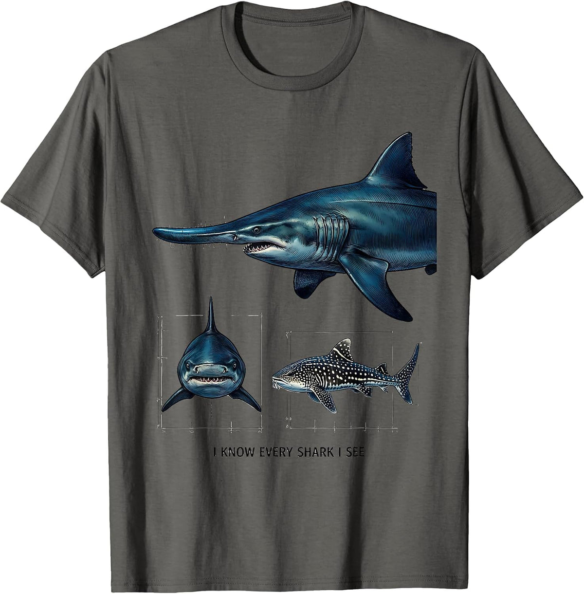 Men's I Know Every Shark I See Funny Shark Lover Marine Biology T-Shirt - Asphalt Grey