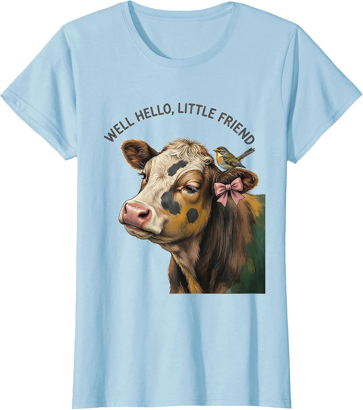Well Hello, Little Friend Cute Cow Print Bow Pattern T-Shirt - Baby Blue