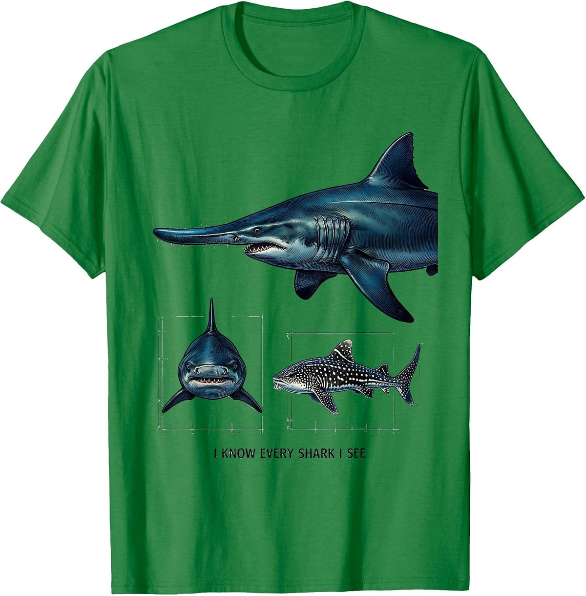 Men's I Know Every Shark I See Funny Shark Lover Marine Biology T-Shirt - Kelly Green
