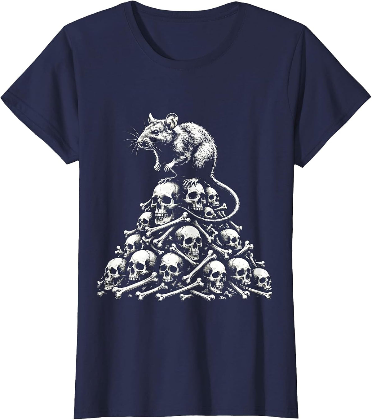 Women's Spooky Rat on Bones Gothic Illustration T-Shirt - Navy Blue