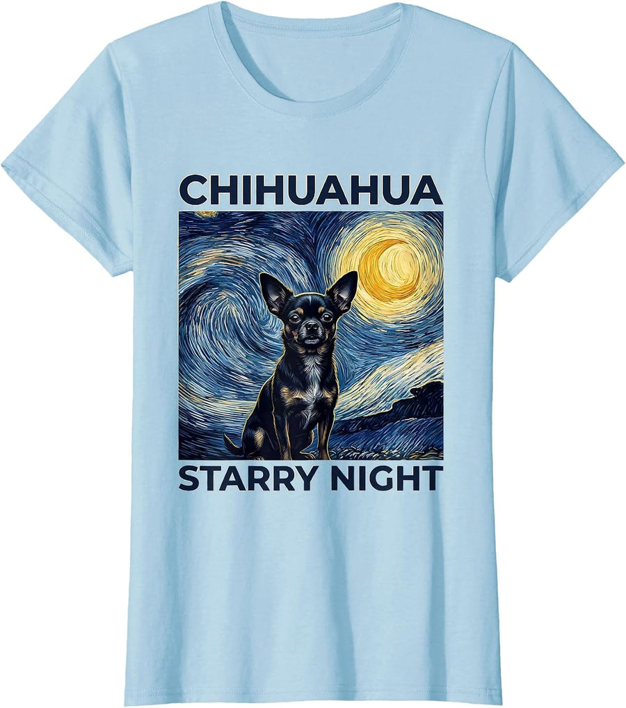 Women's Chihuahua Starry Night Painterly Van Gogh Pet Lover Art T-Shirt - Baby Blue