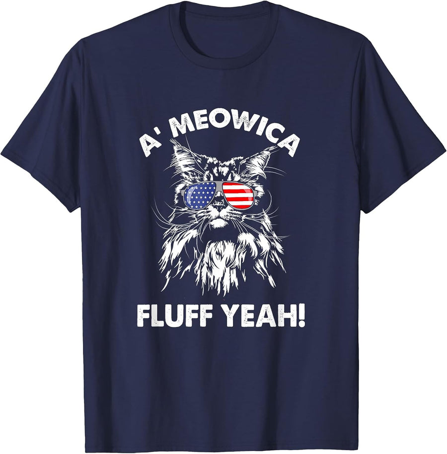 Maine Coon Cat Meowica Shirt Meowica Fluff Yeah T-Shirt - Navy Blue