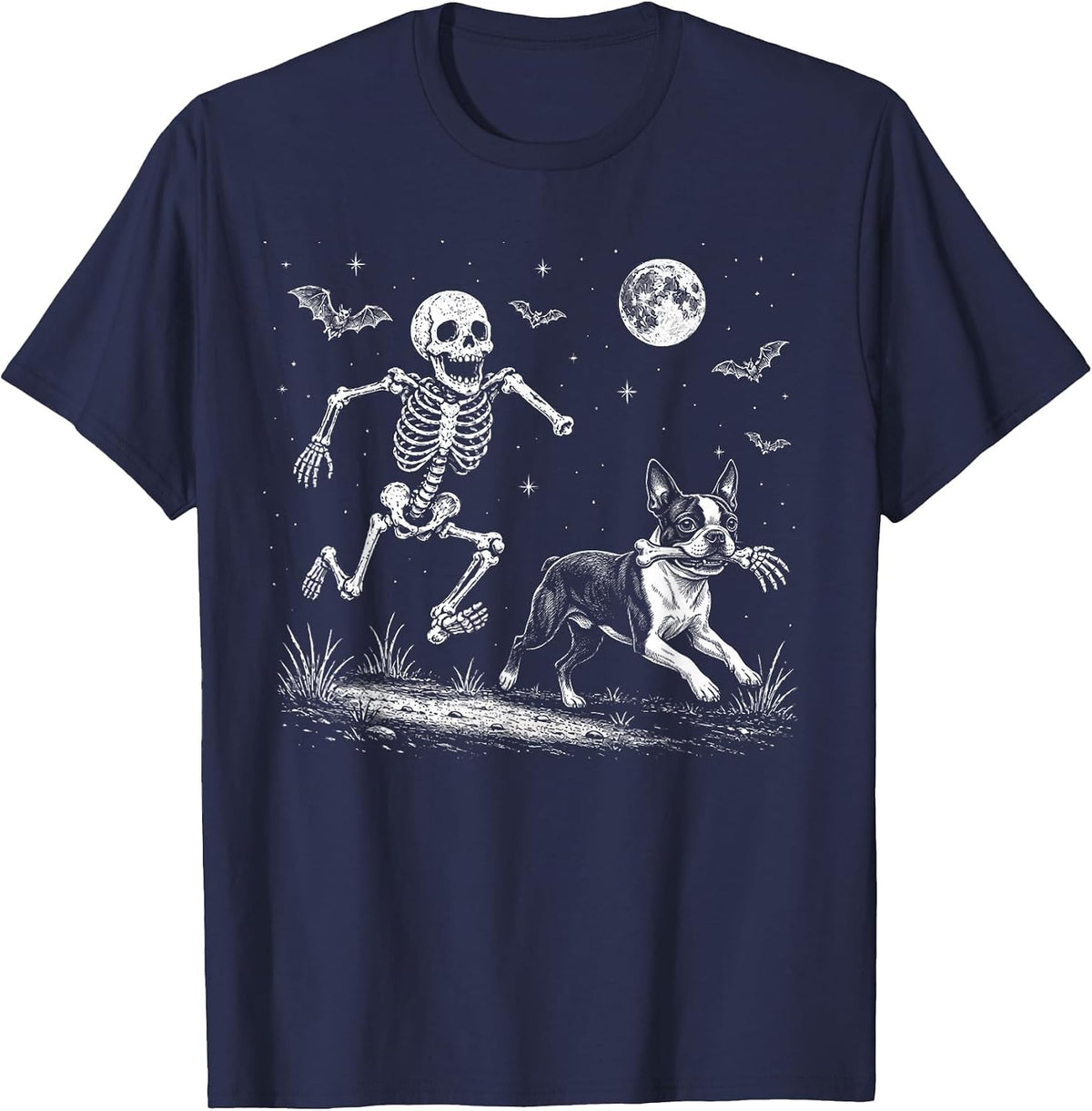 Funny Skeleton Chasing Boston Terrier Halloween Dog Mom Pet T-Shirt - Navy Blue