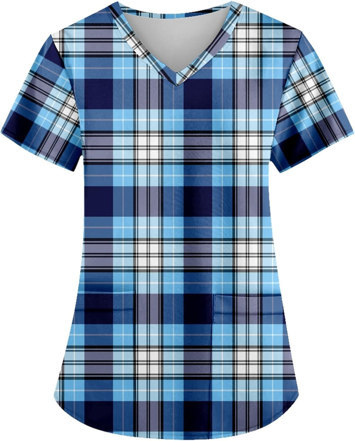 AMOMA Women's V-Neck Checkered Argyle Plaid Print Nurse Tops Short Sleeve Scrub Shirts with Two Pockets - Blue White Plaid