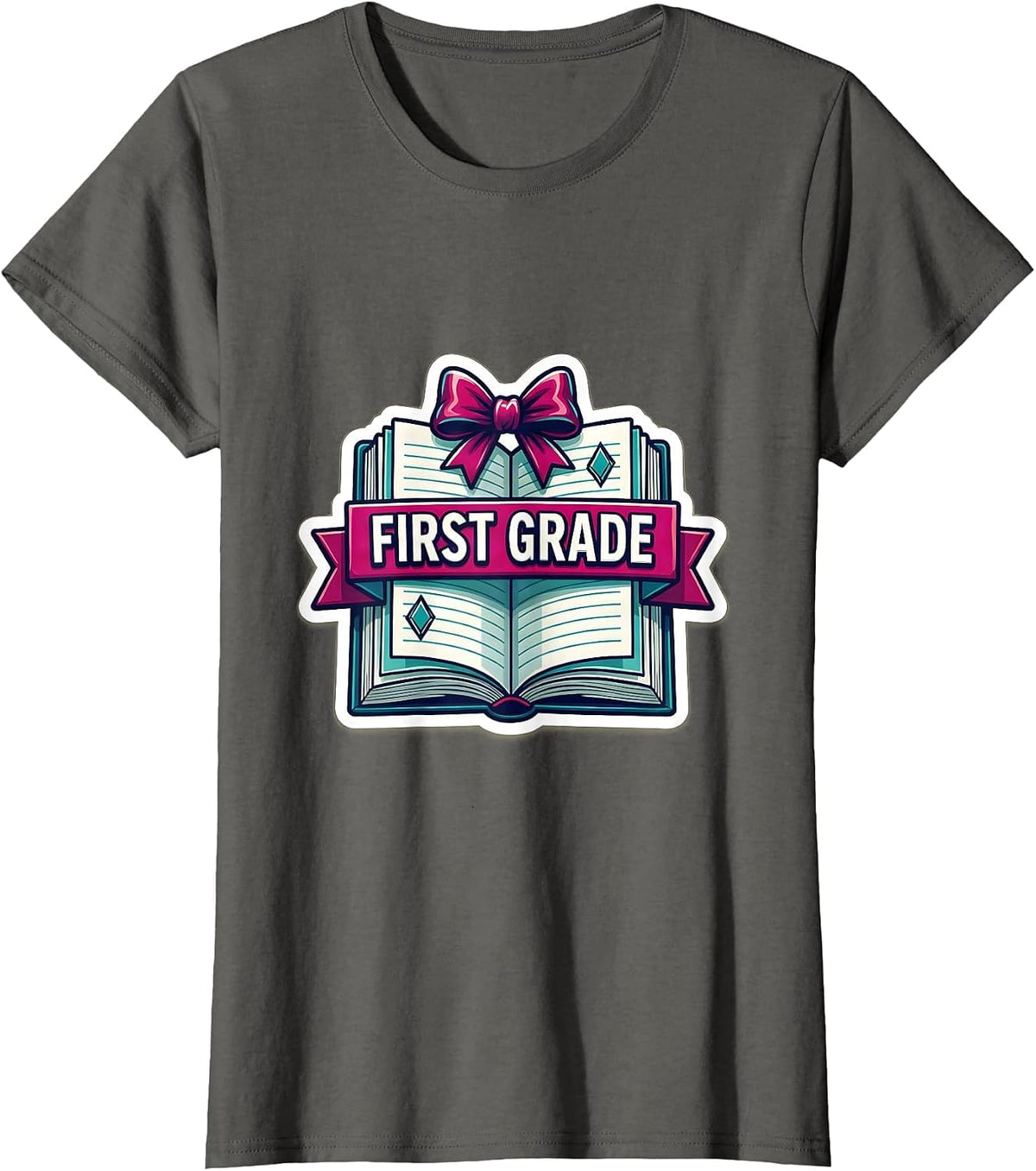 Women's First Grade Cute Preppy Back To School Girls Sticker Style T-Shirt - Asphalt Grey