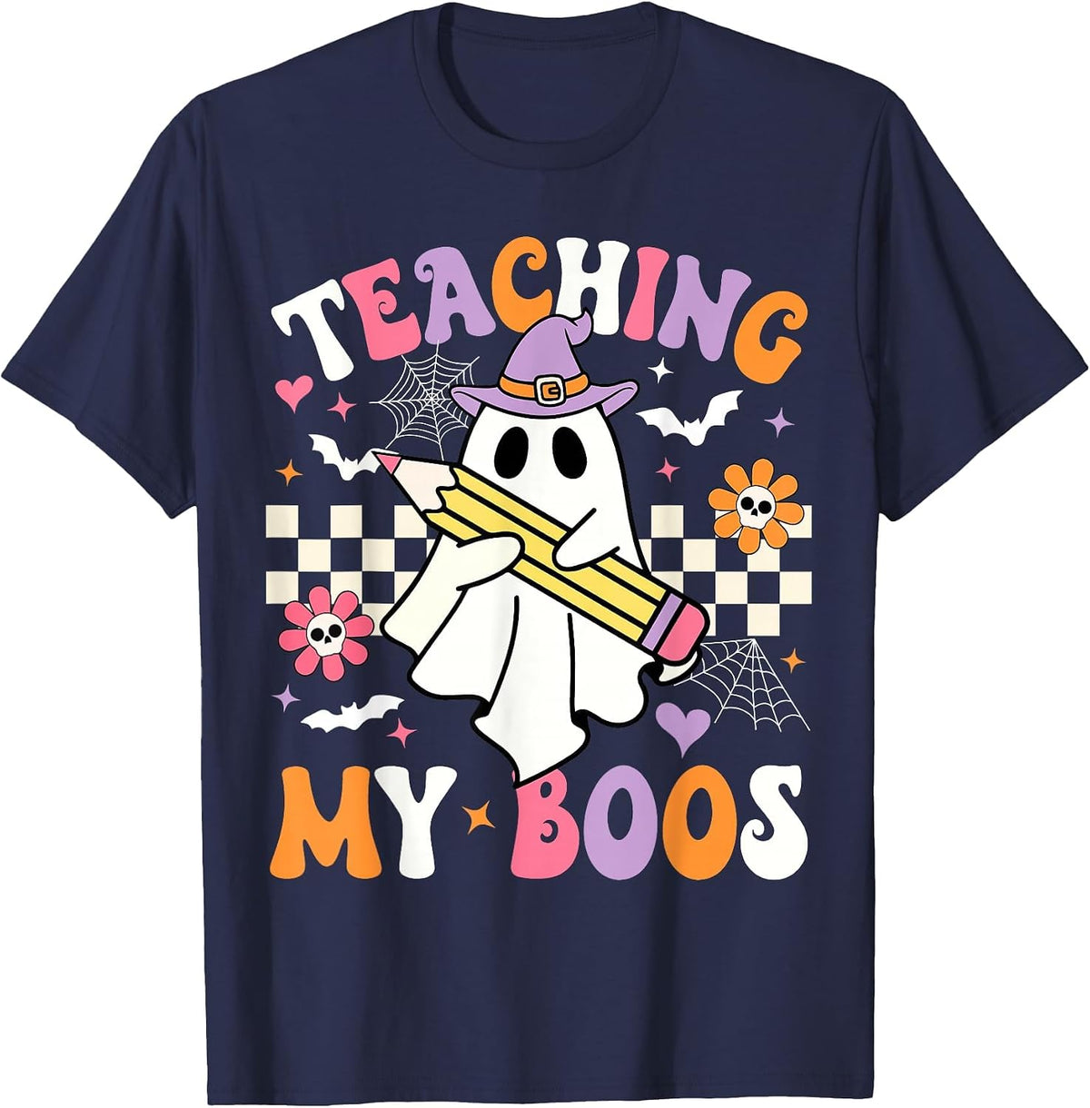 Teaching My Boos Ghost Teacher Cute Groovy Halloween Teacher T-Shirt - Navy Blue