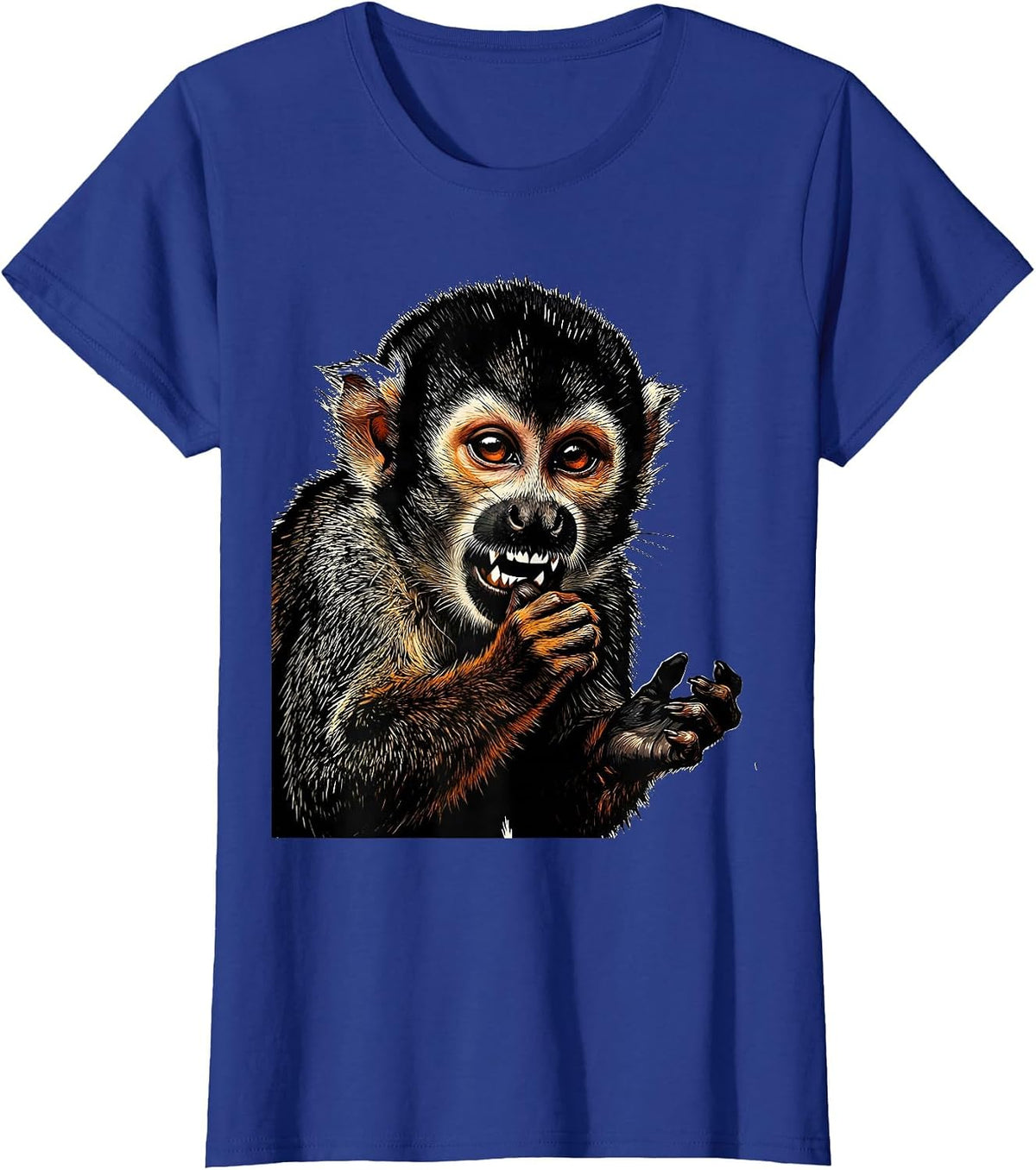 Women's Cropped Squirrel Monkey Linocut Funny Animal Meme Humor T-Shirt - Royal Blue