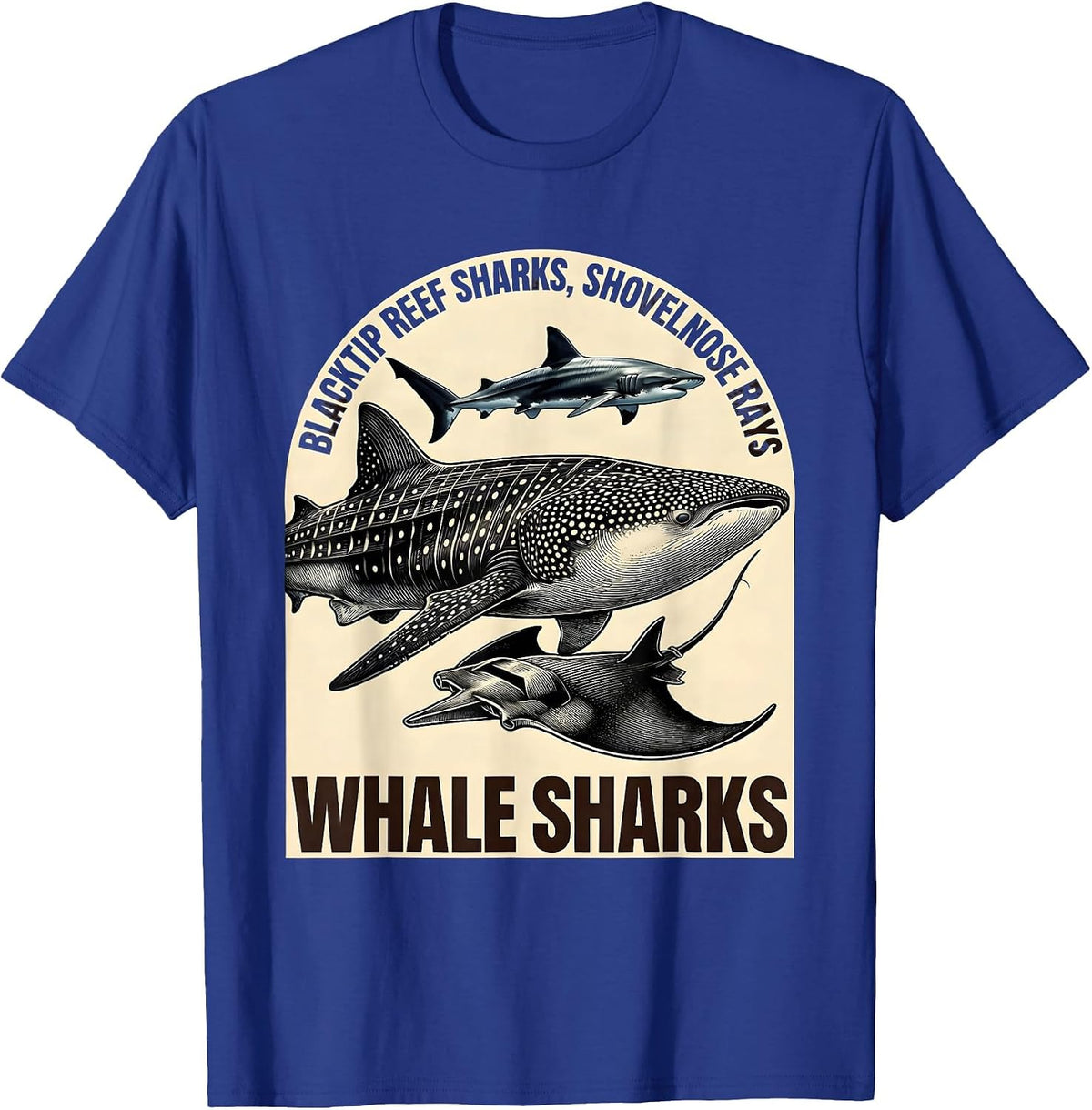 Men's Blacktip Reef Sharks, Shovelnose Rays, Whale Sharks Humor T-Shirt - Royal Blue