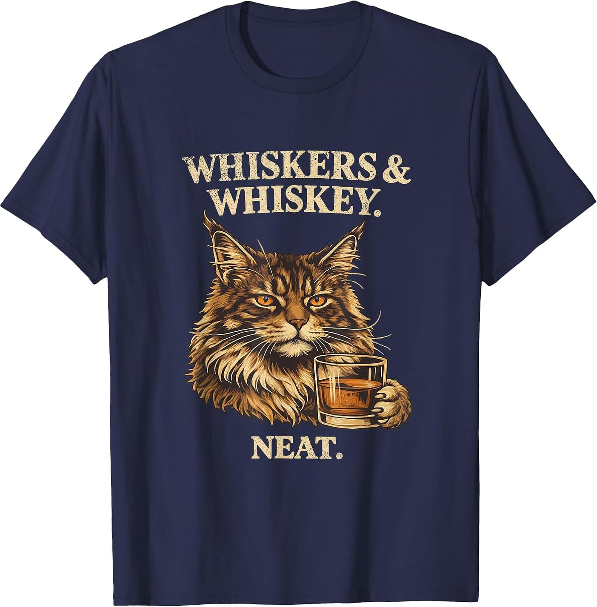 Funny Whiskers and Whiskey Neat Cat Lover Bourbon Drinker T-Shirt - Navy Blue