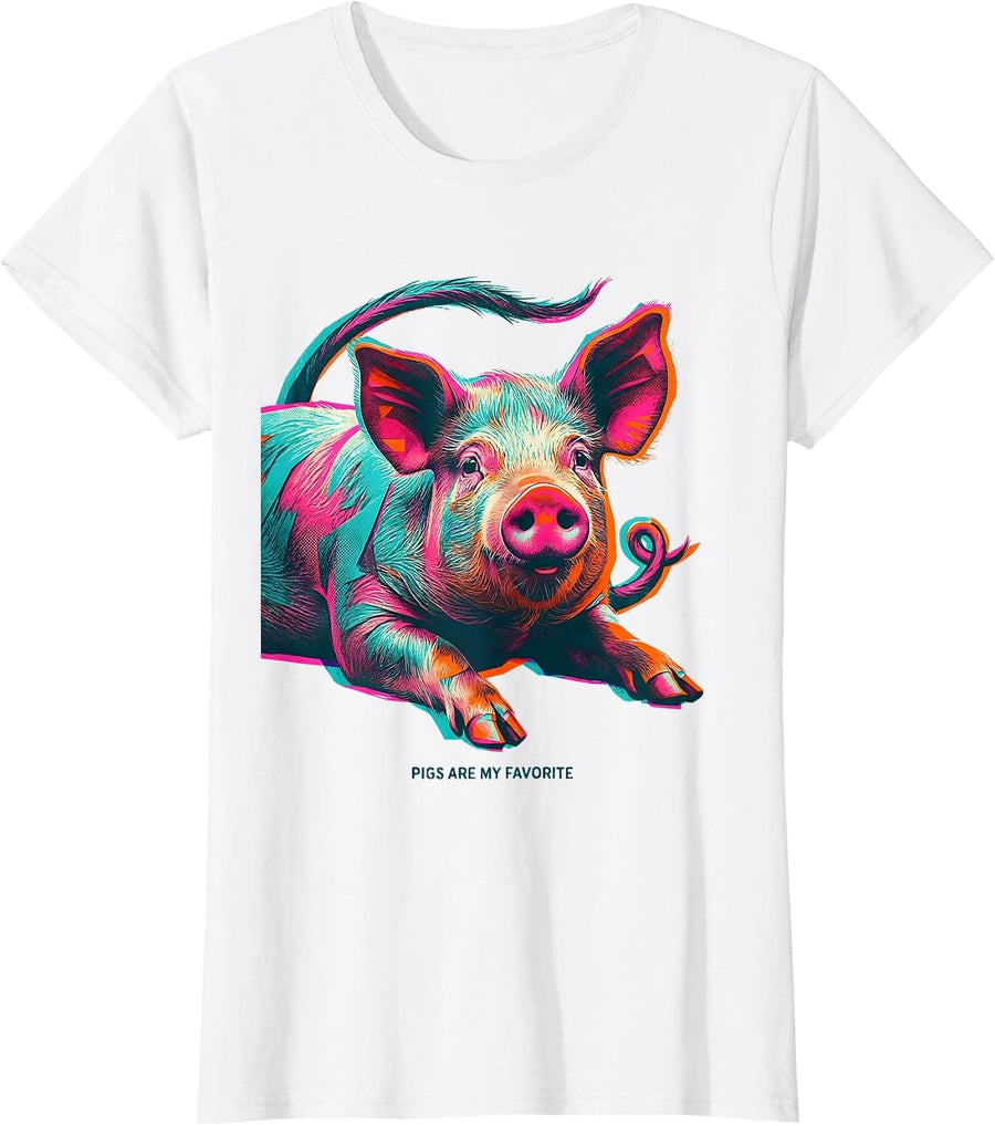 Women's Pigs Are My Favorite Funny Farm Animal Lover Risograph Humor T-Shirt - White