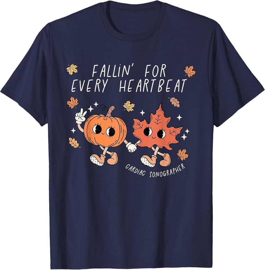 Fallin for Every Heartbeat Fall Cardiac Sonography Thankful T-Shirt - Navy Blue