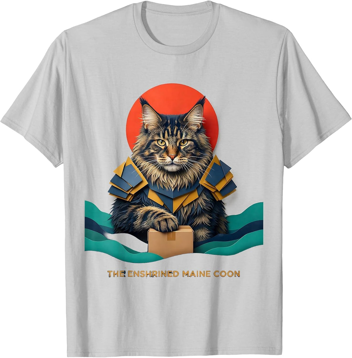 Men's The Enshrined Maine Coon Funny Anime Cat Ukiyo-e Art T-Shirt - Silver Grey