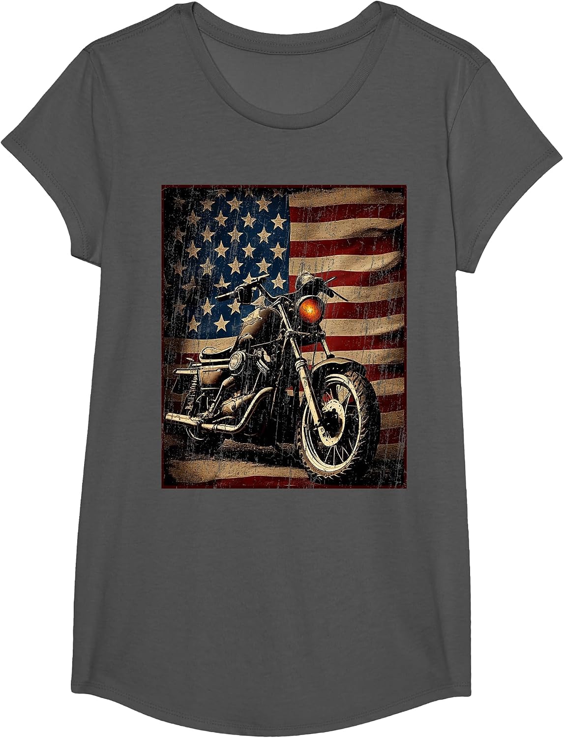 Motorcycle USA Flag Retro Biker T-Shirt - Girls Asphalt Grey