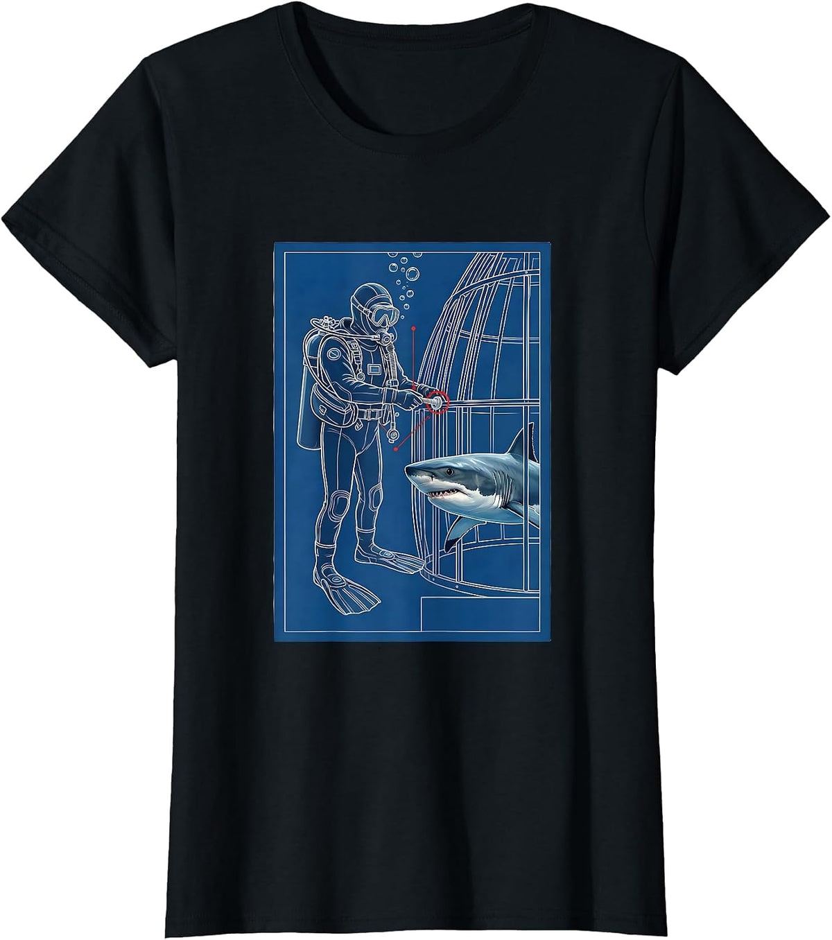 Diver Shark Cage Technical Blueprint Scuba Diving Gift T-Shirt - Black