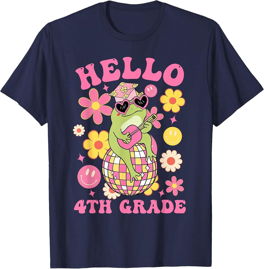 4th Grade Hello Fourth Grade-Back to School Groovy Frog Kids T-Shirt - Navy Blue