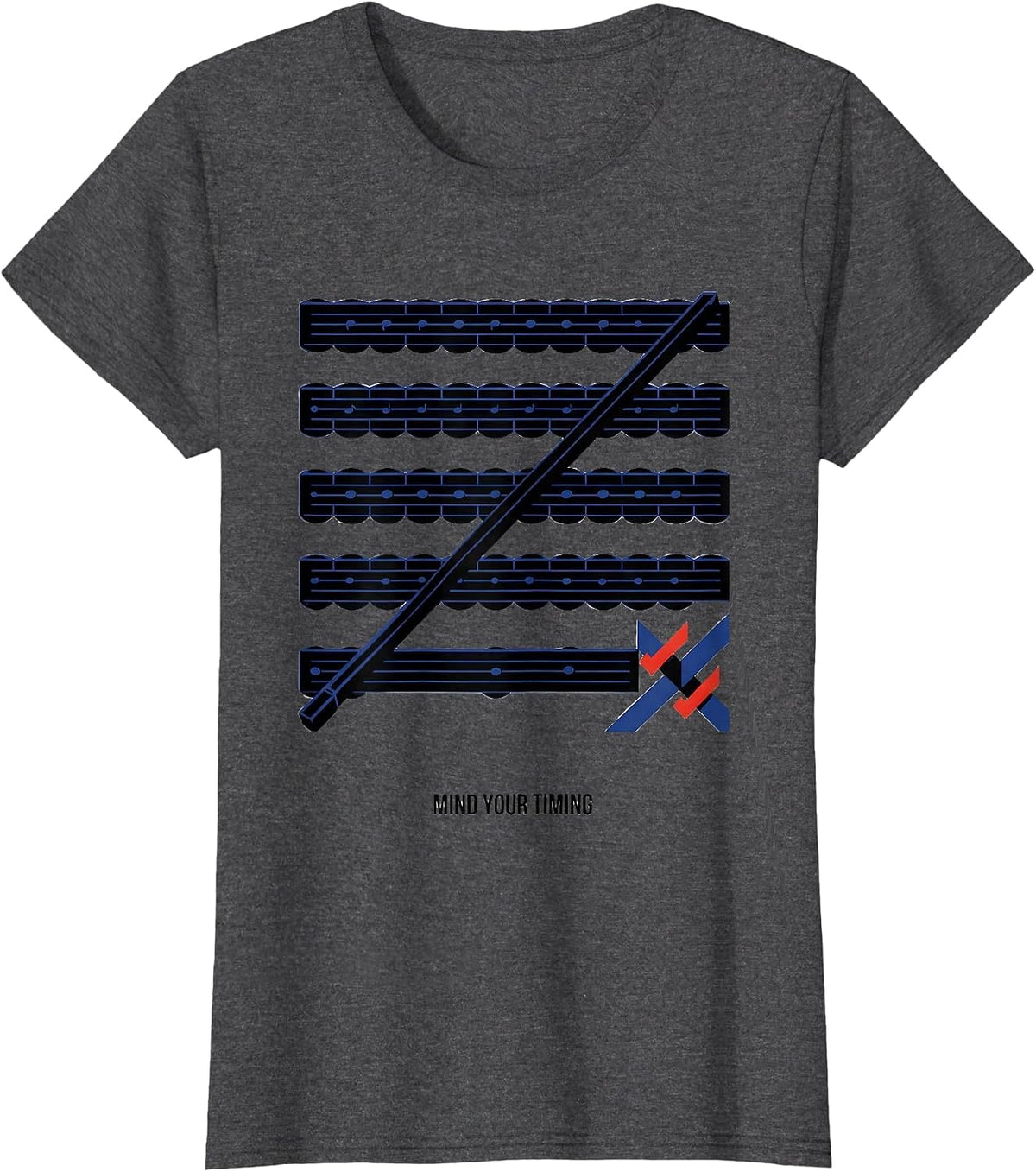 Women's Mind Your Timing Geometric Music Teacher Pun Humor Gift T-Shirt - Dark Heather Grey