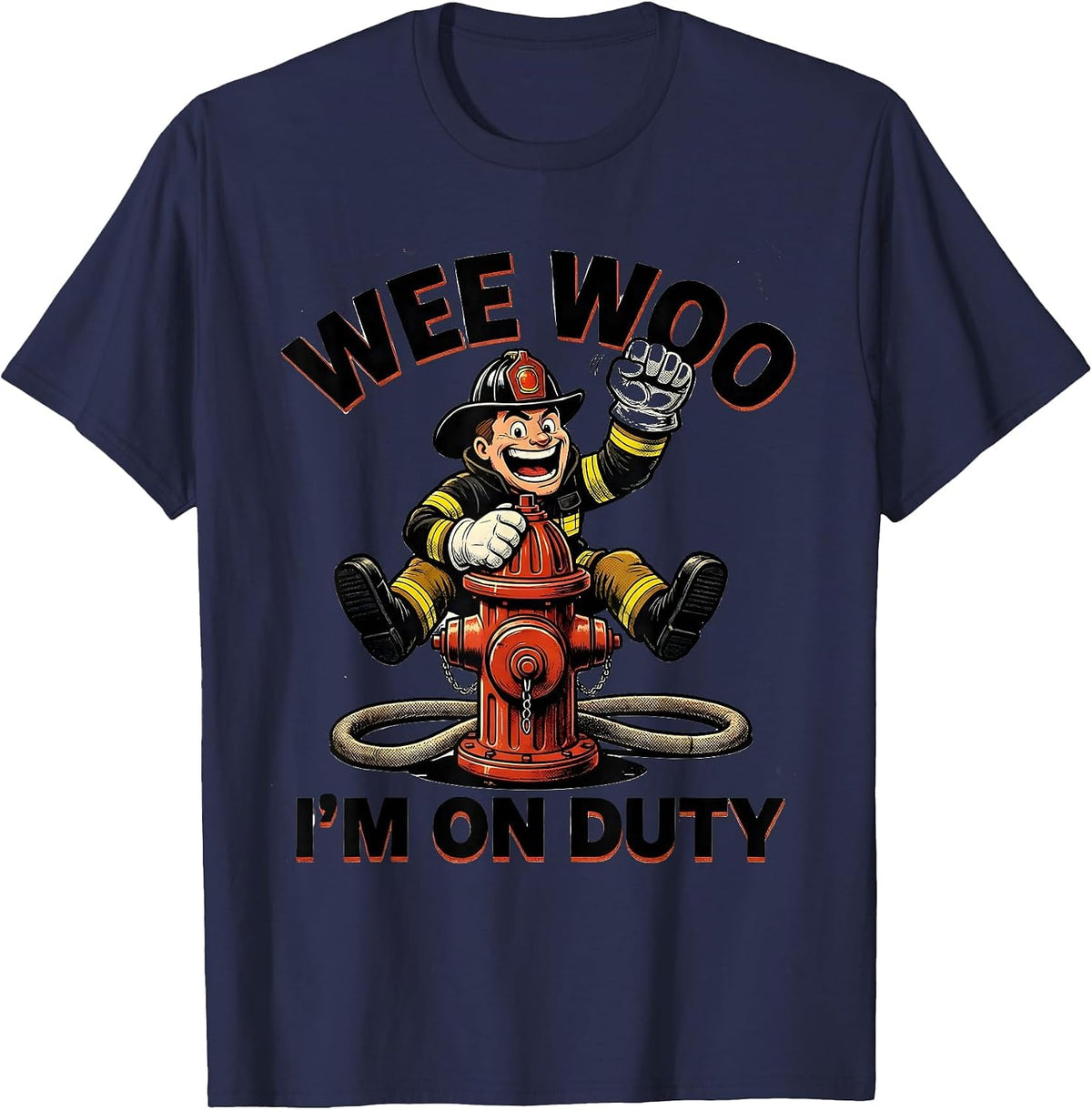 Wee Woo I'm On Duty Retro Cartoon Firefighter Humor Kids T-Shirt - Navy Blue