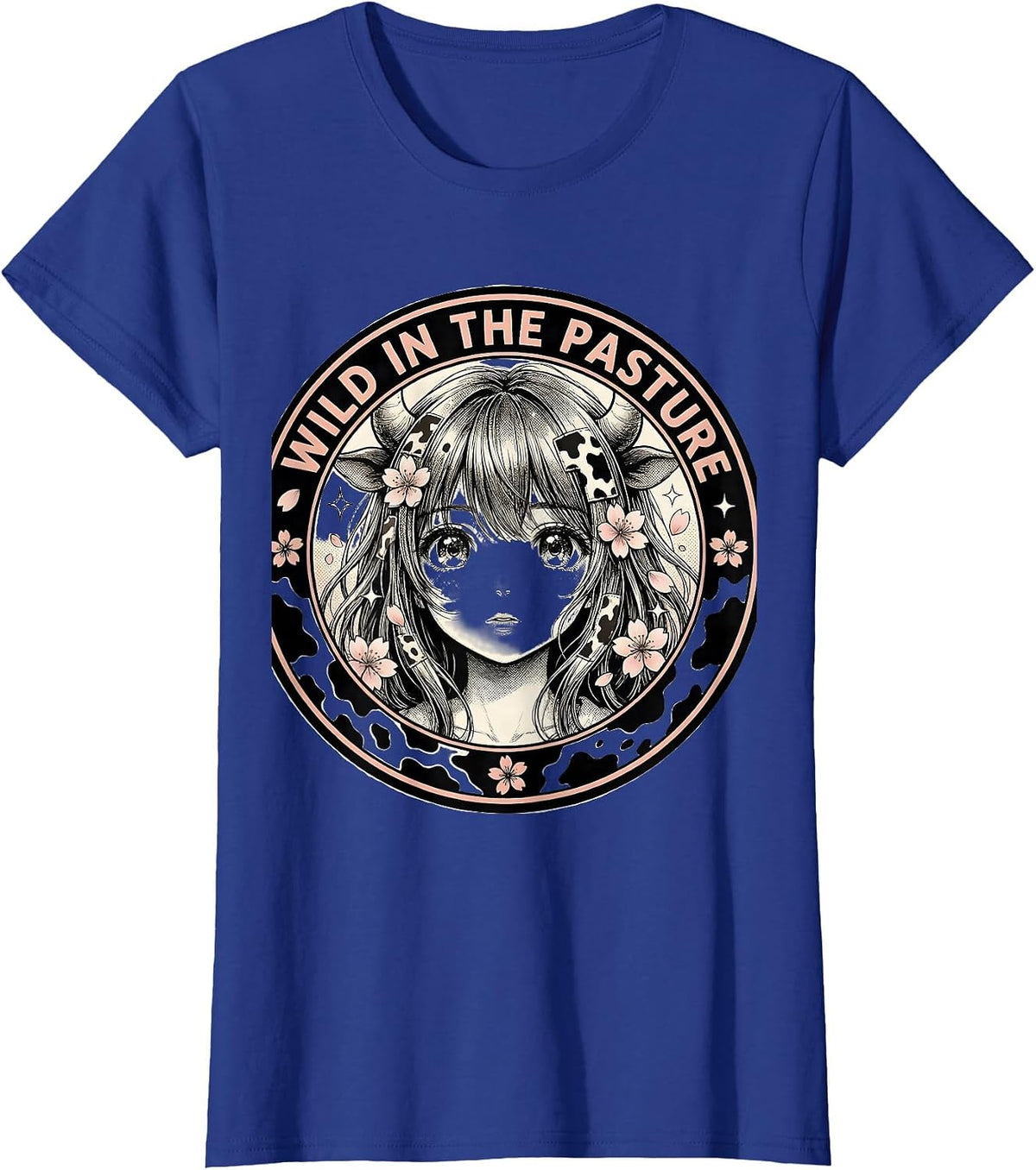 Women's Wild in the Pasture Cow Print Design T-Shirt - Royal Blue