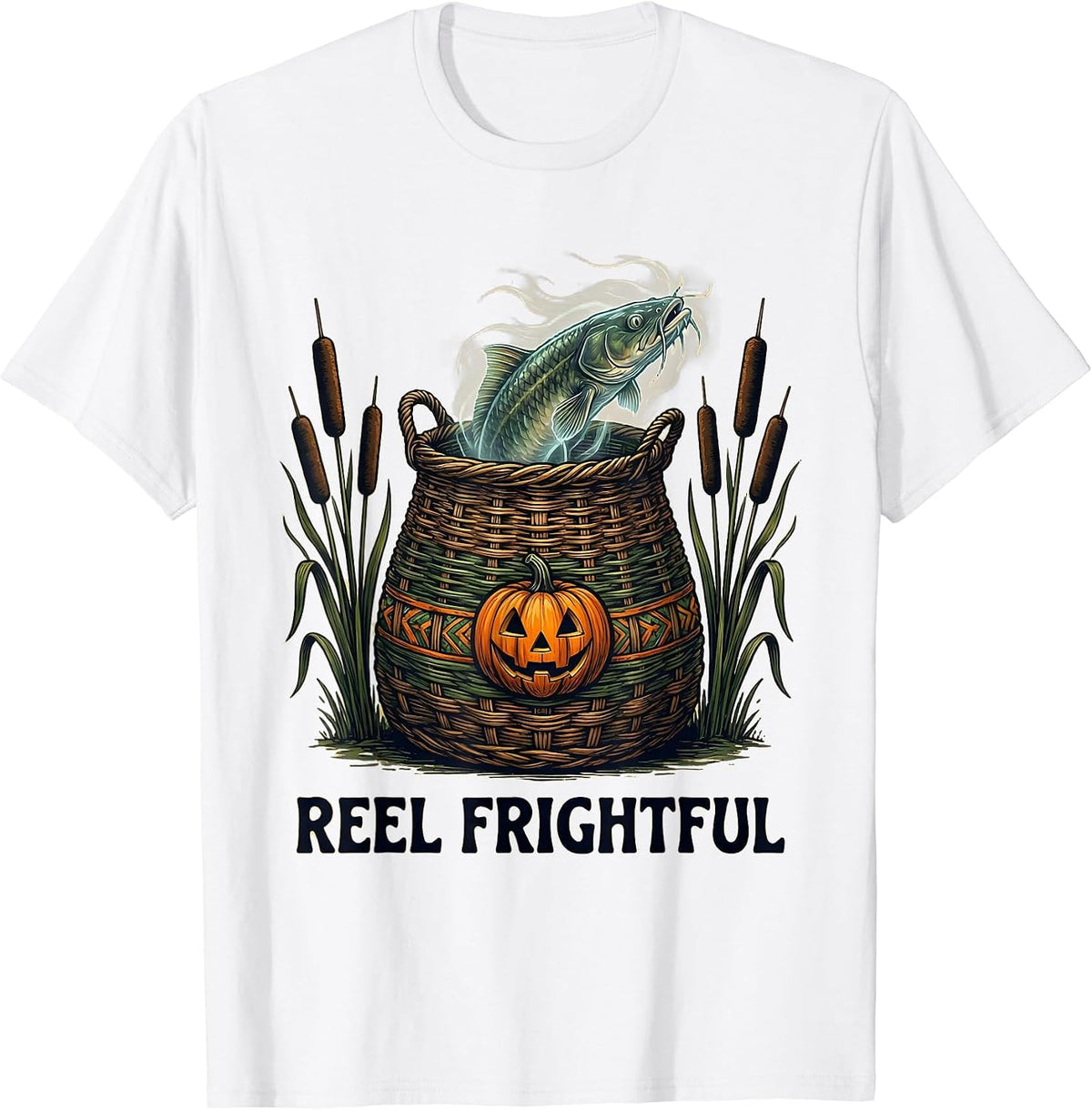 Men's Reel Frightful Folk Art Halloween Fishing Ghostly Catfish T-Shirt - White
