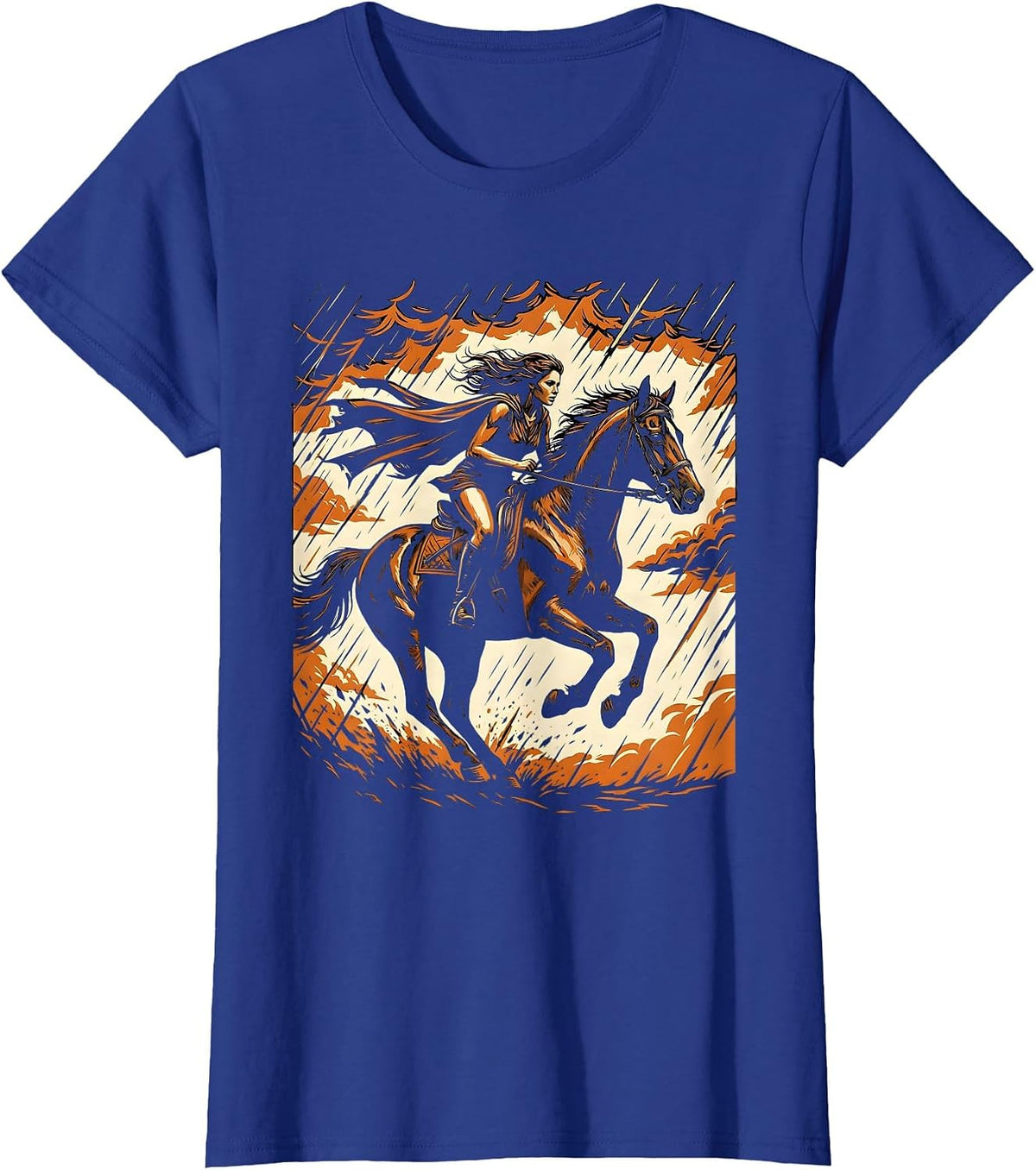 Women's Woman Riding Horse Through Storm Graphic Tee T-Shirt - Royal Blue