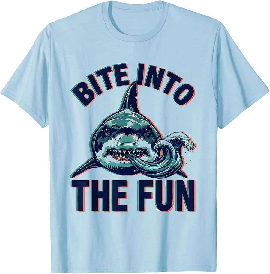 Men's Bite Into The Fun Funny Shark Lover Ocean Humor Screenprint T-Shirt - Baby Blue