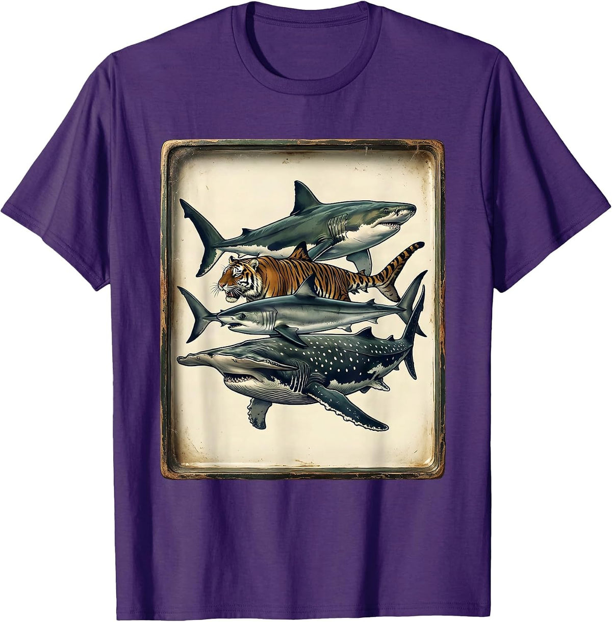 Men's Five Shark Species Vintage Ocean Wildlife Humor T-Shirt - Purple
