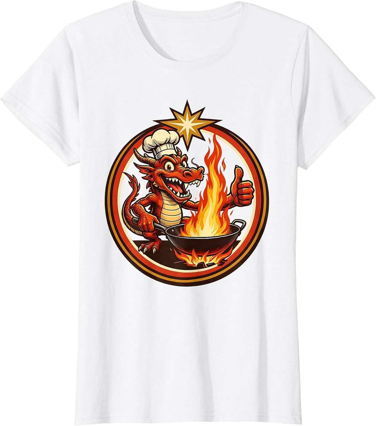 Dragon Chef Fire Wok Cooking Graphic T-Shirt - White