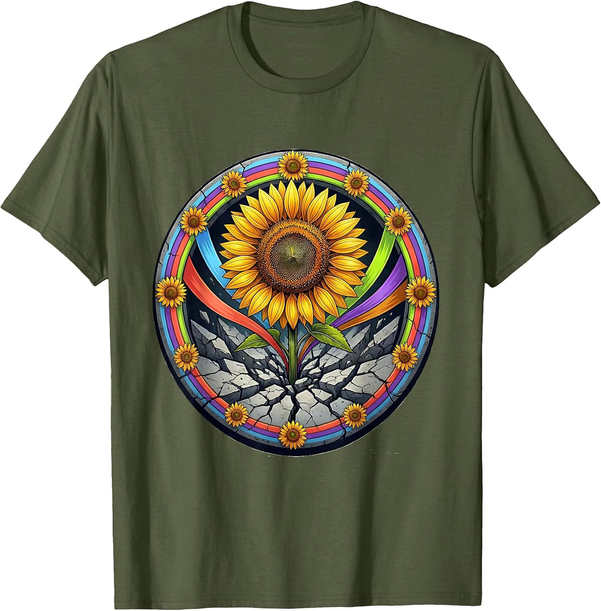 Down Syndrome Awareness Sunflower Concrete Art T-Shirt - Olive Green