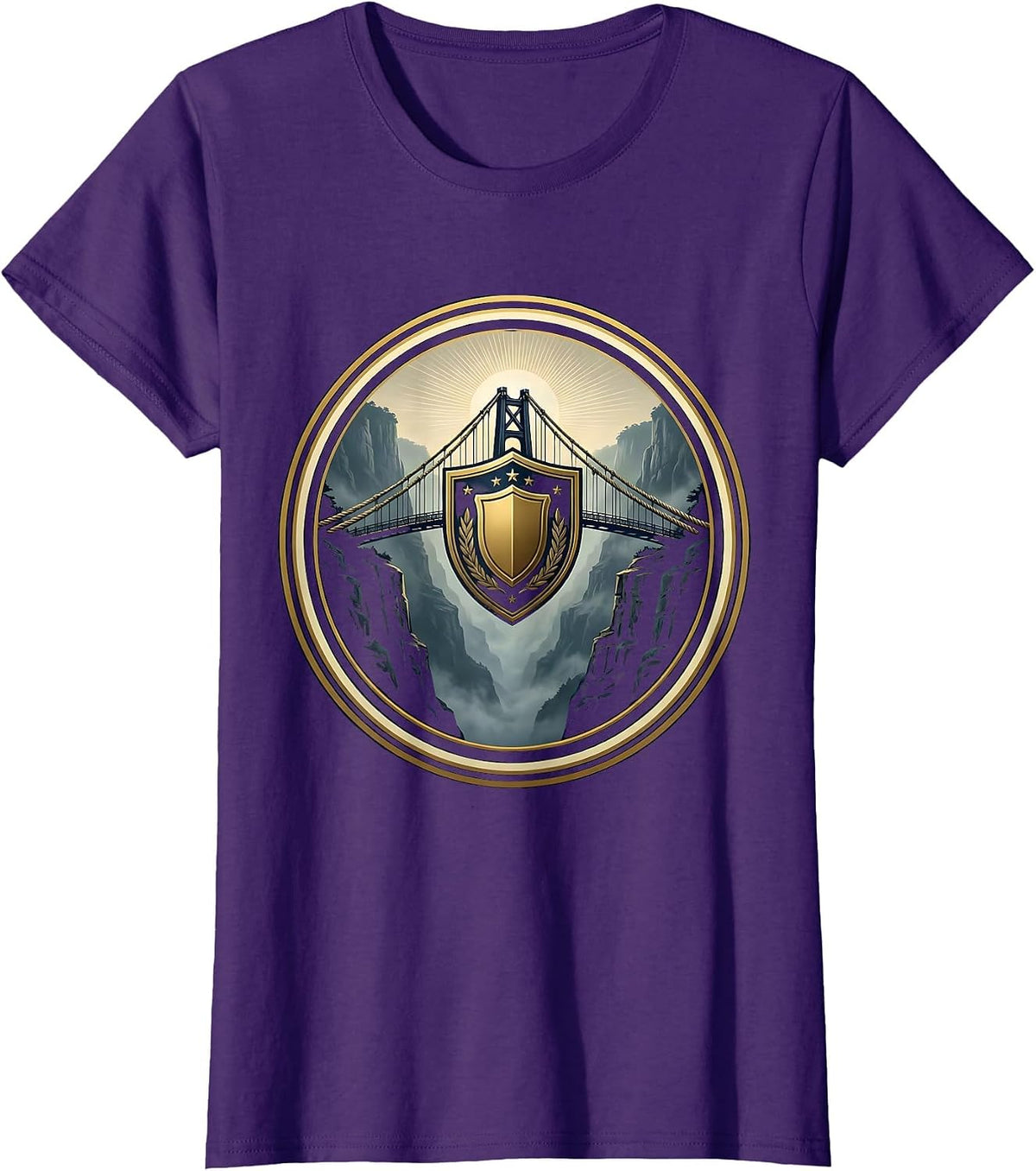 Rope Bridge Over Misty Gorge Freedom Design T-Shirt - Purple