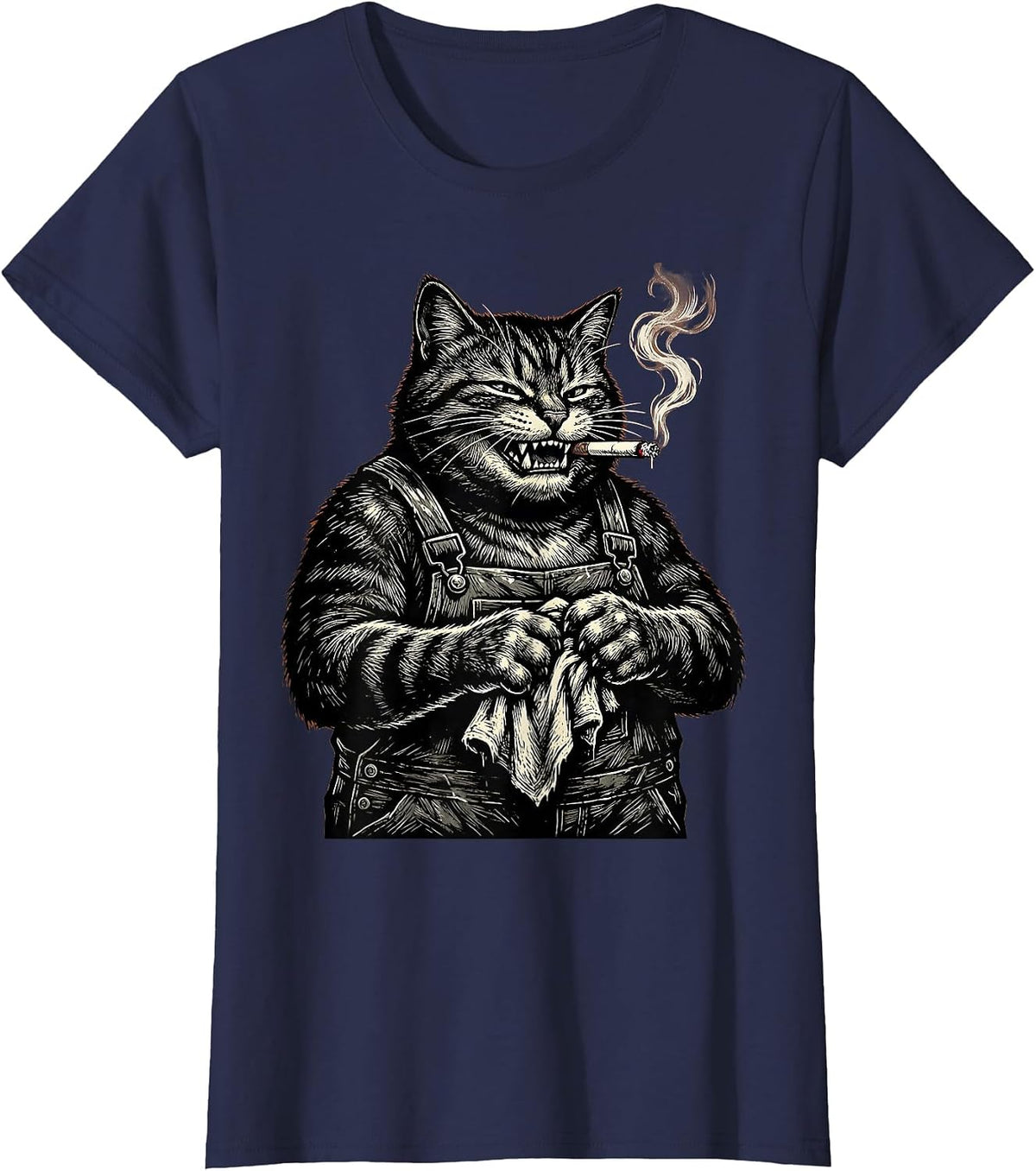 Women's Cat Mechanic With Cigarette Graphic Design T-Shirt - Navy Blue