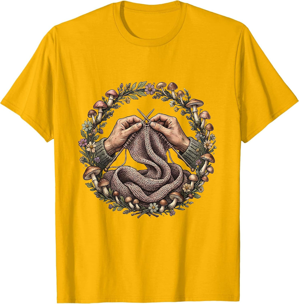 Men's Grandma Knitting Colorful Scarf Illustration T-Shirt - Golden Yellow