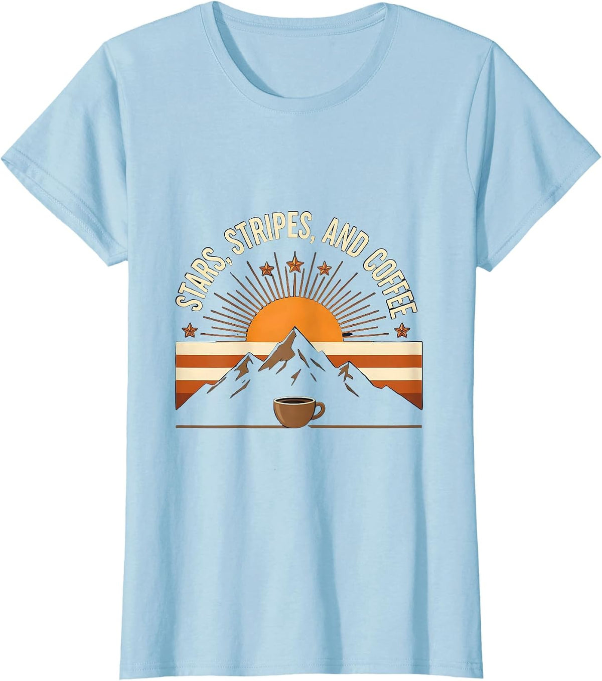 Stars Stripes and Coffee Patriotic Design T-Shirt - Baby Blue