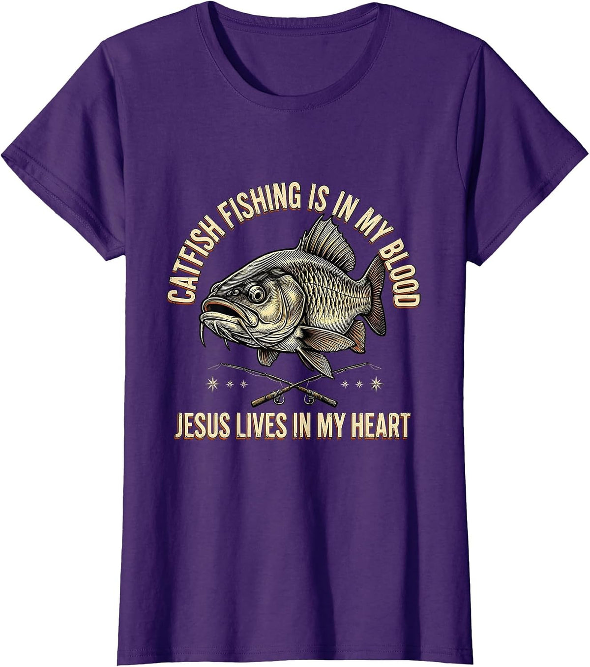 Women's Catfish Fishing Is In My Blood, Jesus Lives In My Heart T-Shirt - Purple