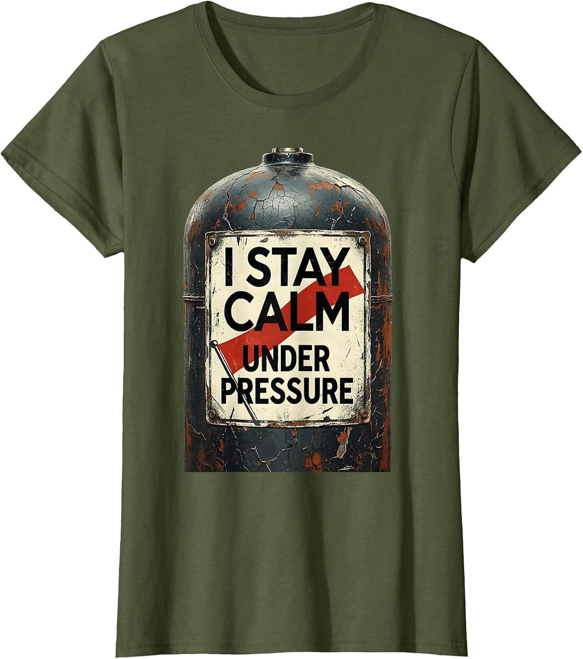 Women's I Stay Calm Under Pressure Distressed Scuba Diver Dive Flag T-Shirt - Olive Green