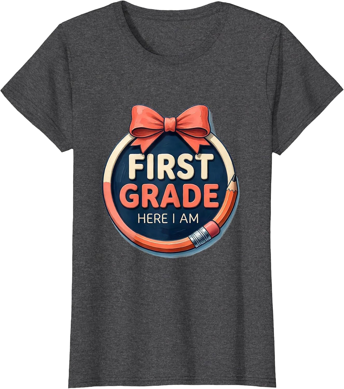 Women's First Grade Here I Am Cute Coquette Bow Back to School T-Shirt - Dark Heather Grey