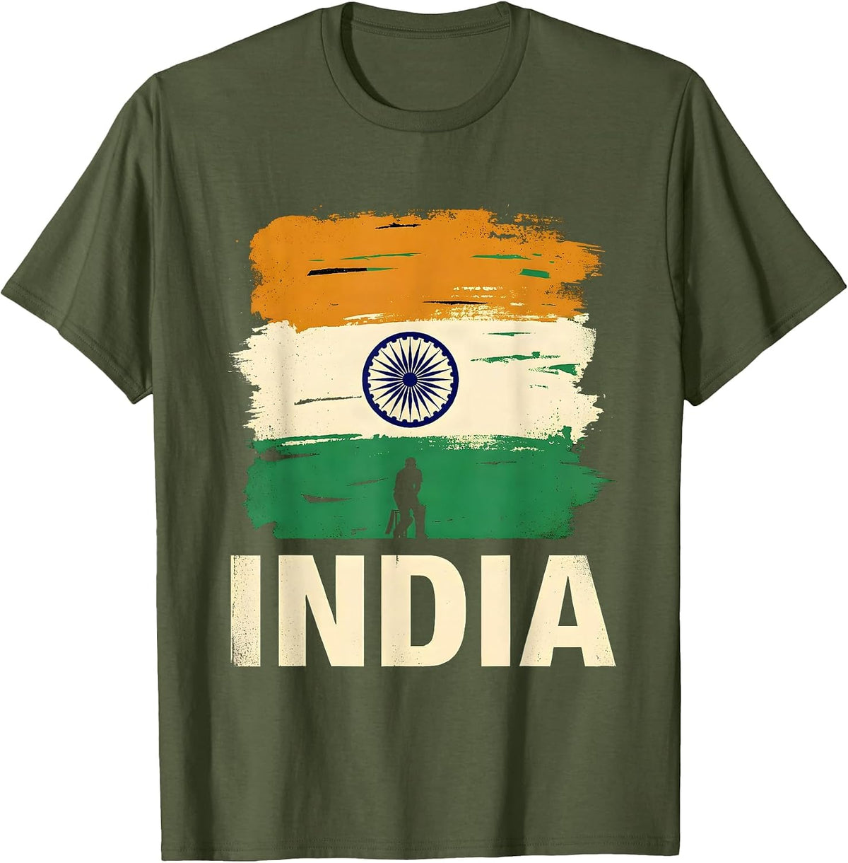Men's India Screenprint Poster National Pride Cricket Fan T-Shirt - Olive Green