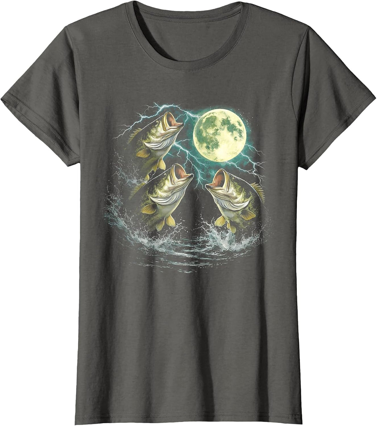 Bass Fish Howling to The Moon Vintage Angler Fisherman T-Shirt - Asphalt Grey