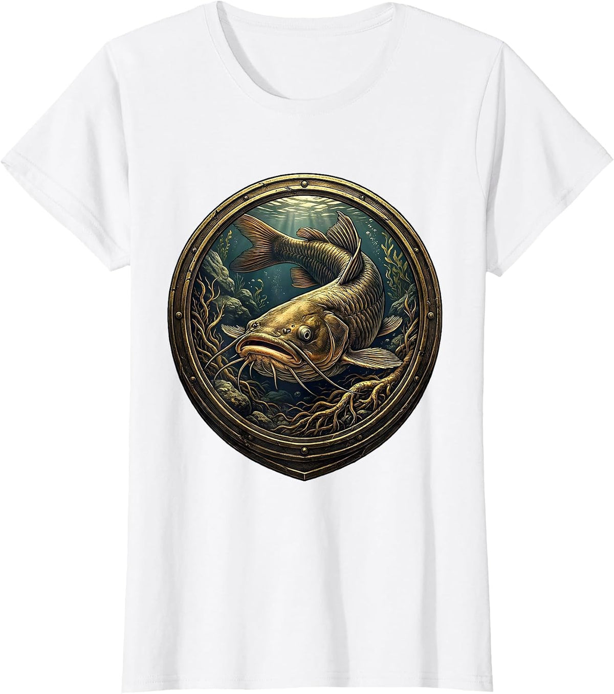 Catfish Lurking River Bottom Fishing Graphic T-Shirt - White