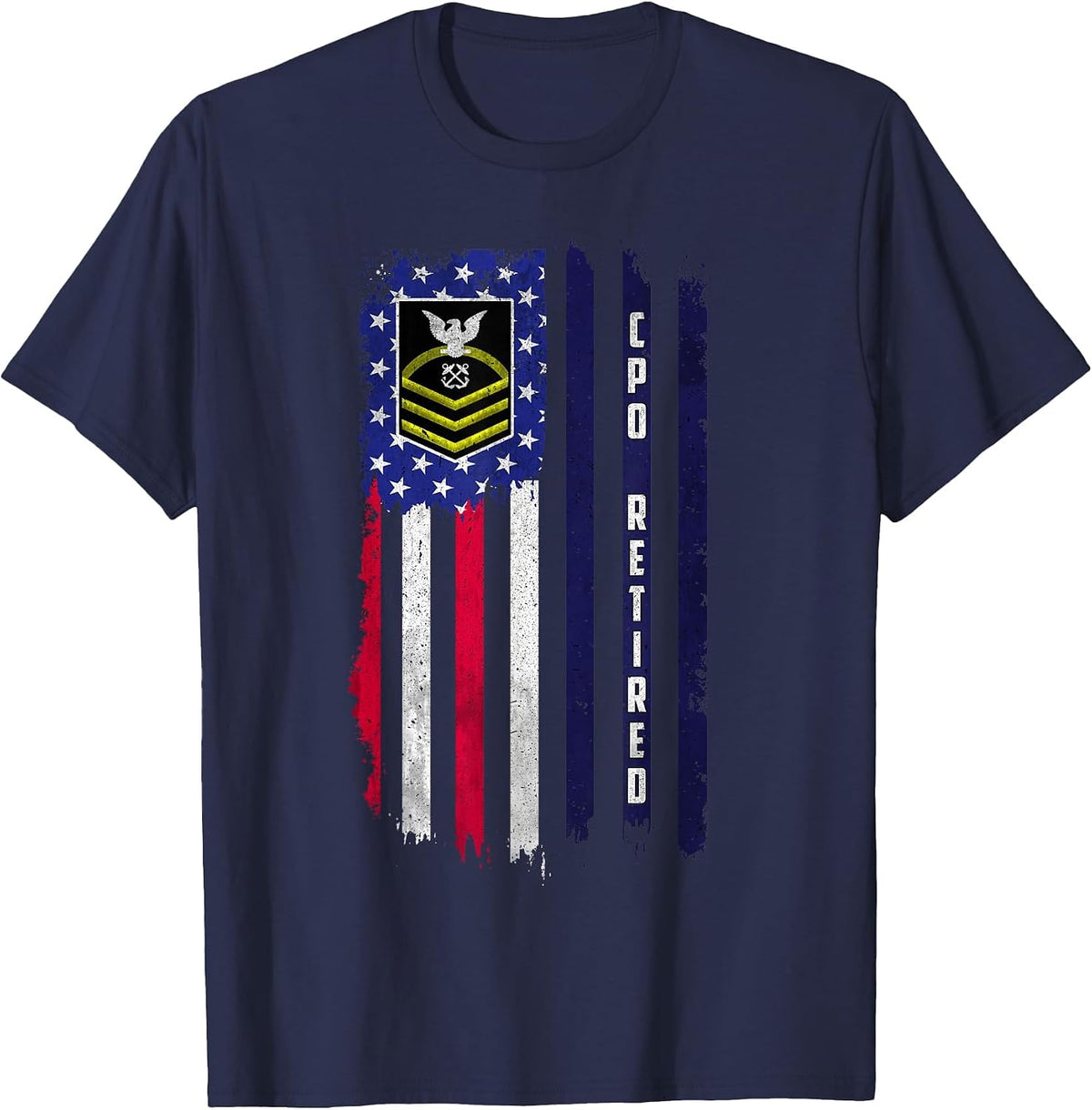 Retired E-7 Chief Petty Officer CPO Rank American Flag Papa T-Shirt - Navy Blue