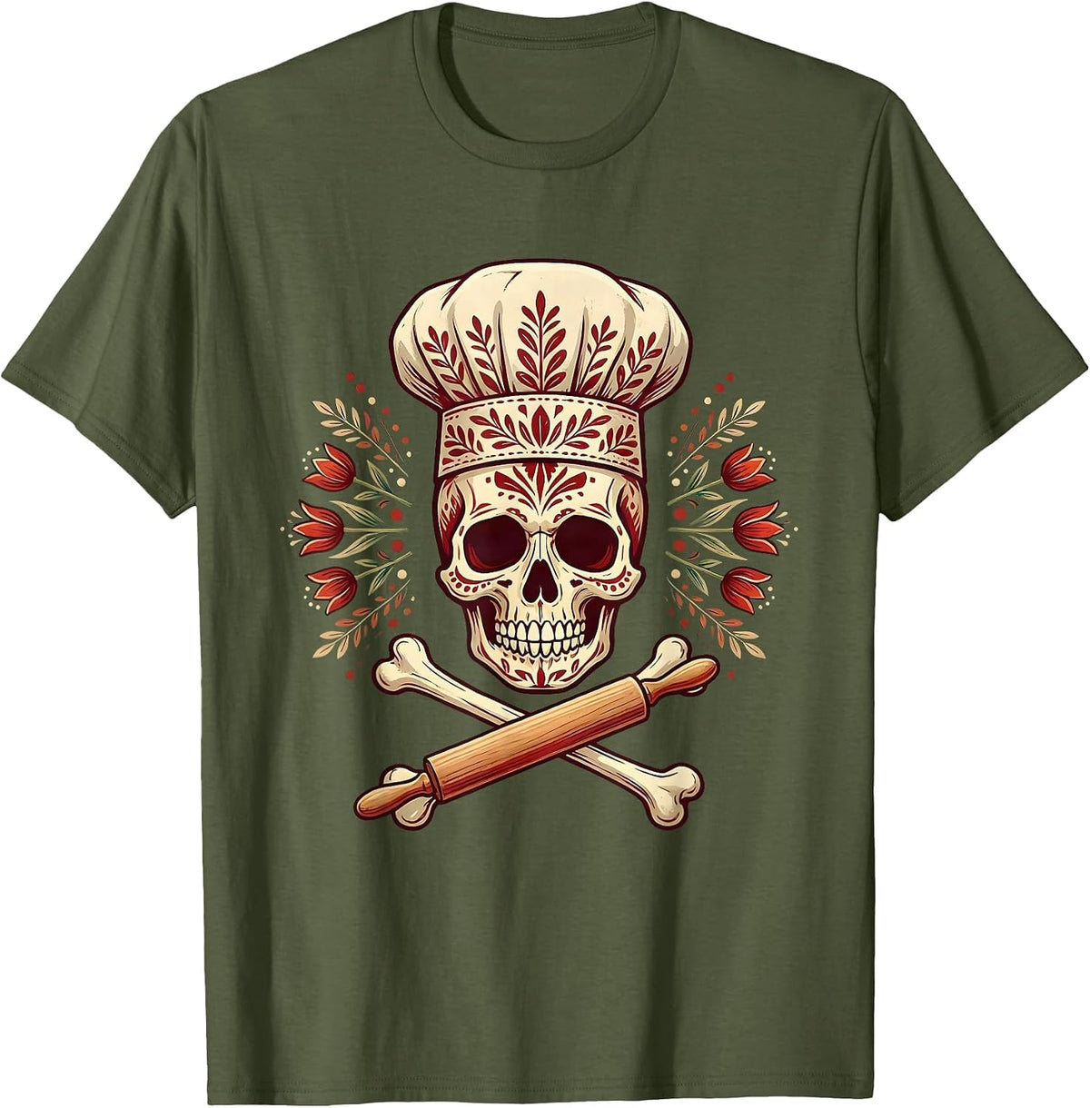 Chef Skull Crossbones Dark Culinary Art Design T-Shirt - Olive Green