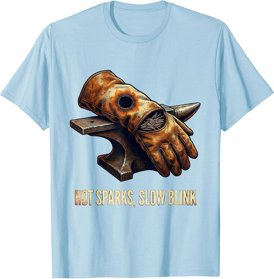 Men's Hot Sparks Slow Blink Vintage Welder Trade Humor Metal T-Shirt - Baby Blue